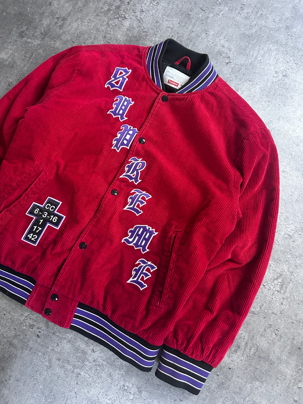 SUPREME OLD ENGLISH CORDUROY VARSITY JACKET (M)