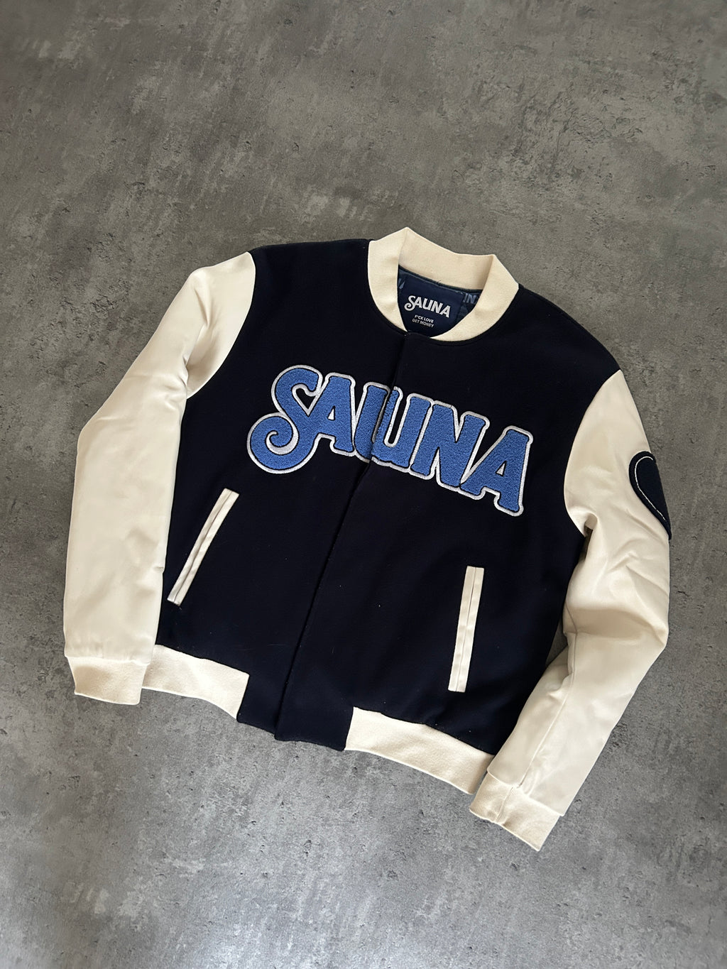 SAUNA “MONEY OVER EVERYTHING” VARSITY JACKET (S)