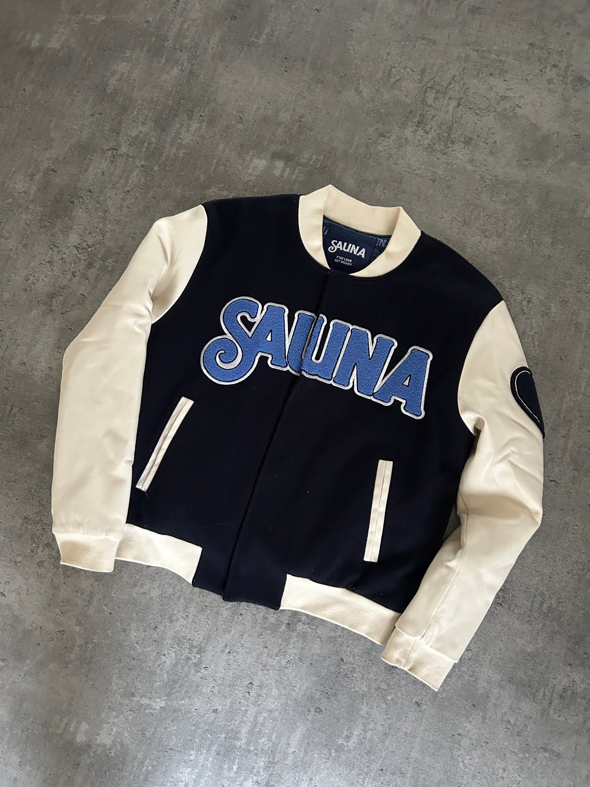SAUNA “MONEY OVER EVERYTHING” VARSITY JACKET (S)