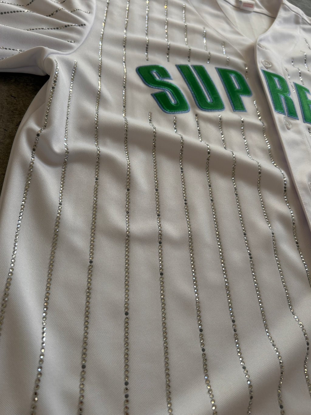 SUPREME RHINESTONE STRIPE BASEBALL JERSEY (L/XL)