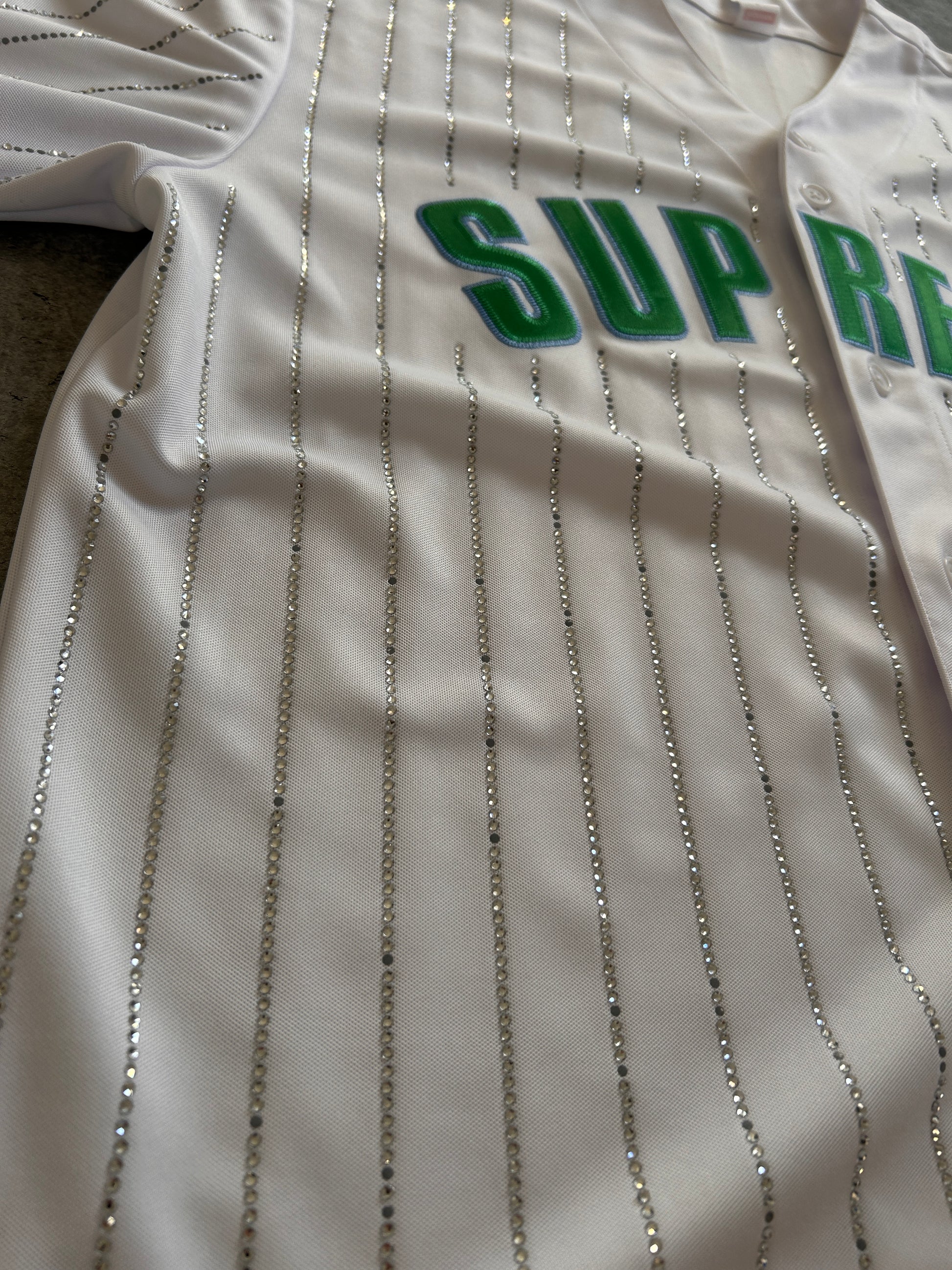 SUPREME RHINESTONE STRIPE BASEBALL JERSEY (L/XL)