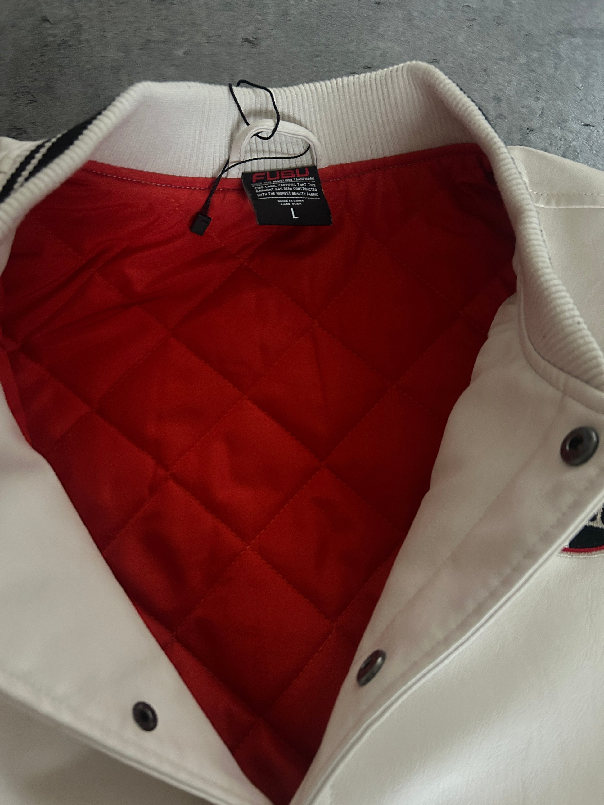 FUBU VARSITY JACKET “WHITE/RED” (L)