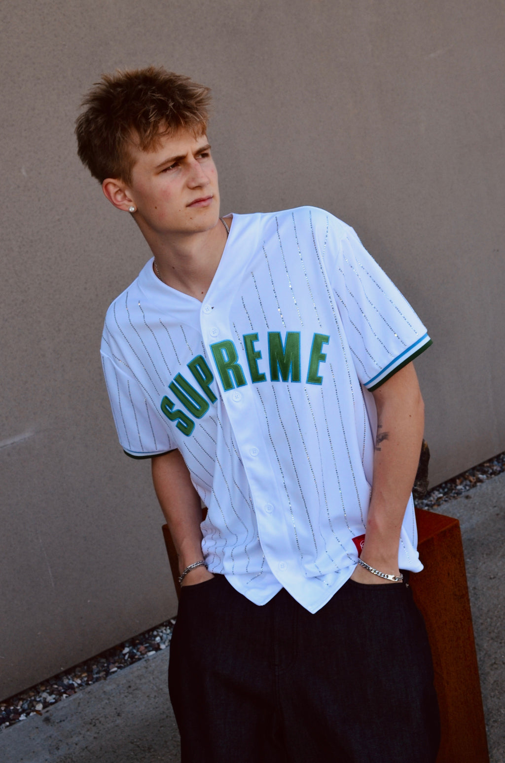 SUPREME RHINESTONE STRIPE BASEBALL JERSEY (L/XL)