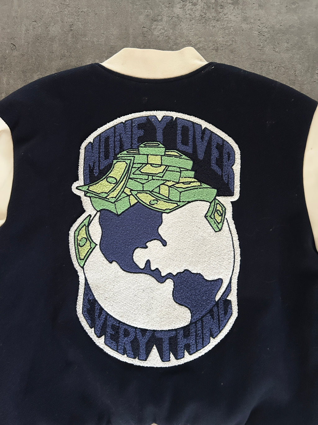 SAUNA “MONEY OVER EVERYTHING” VARSITY JACKET (S)