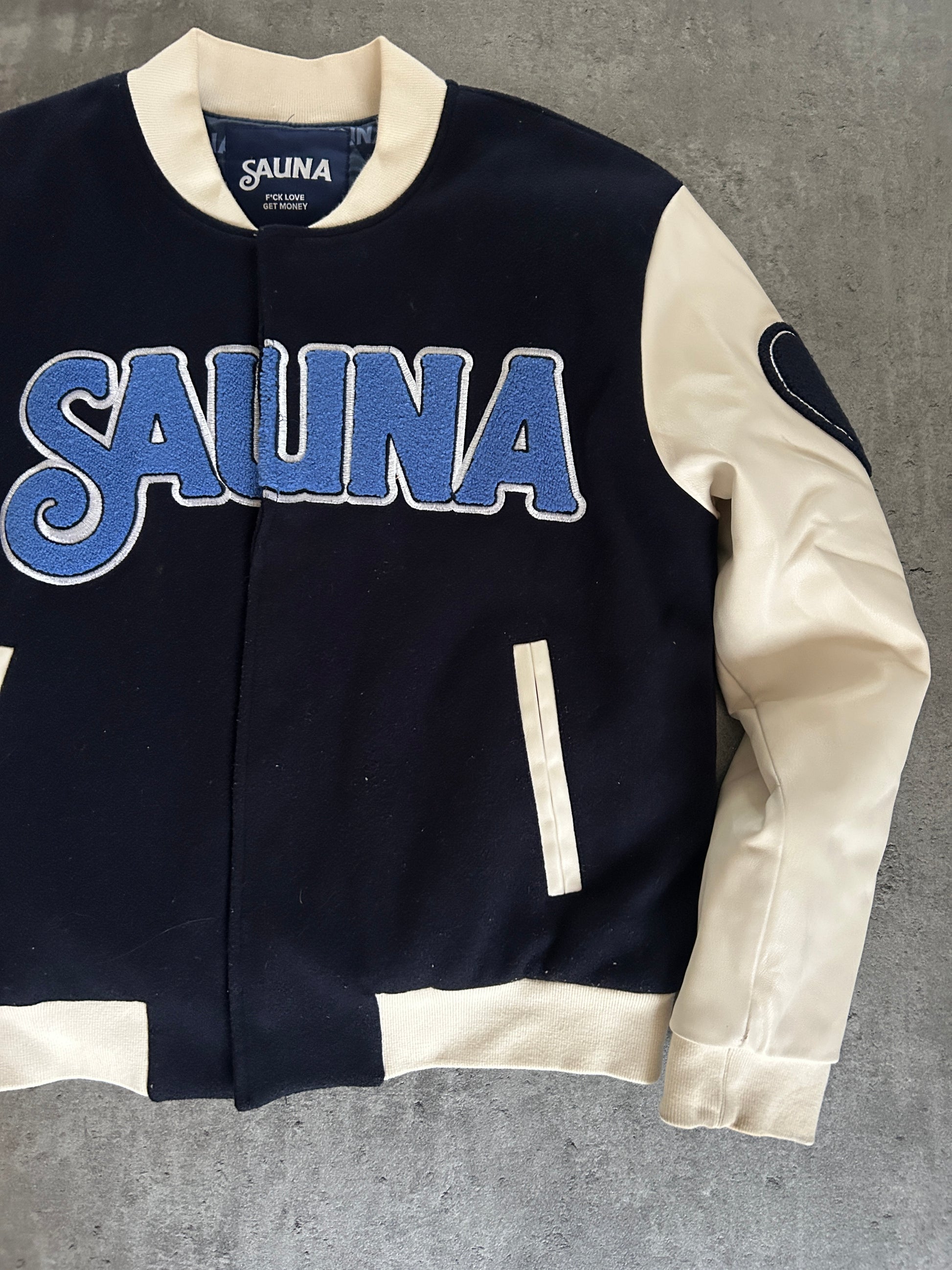 SAUNA “MONEY OVER EVERYTHING” VARSITY JACKET (S)