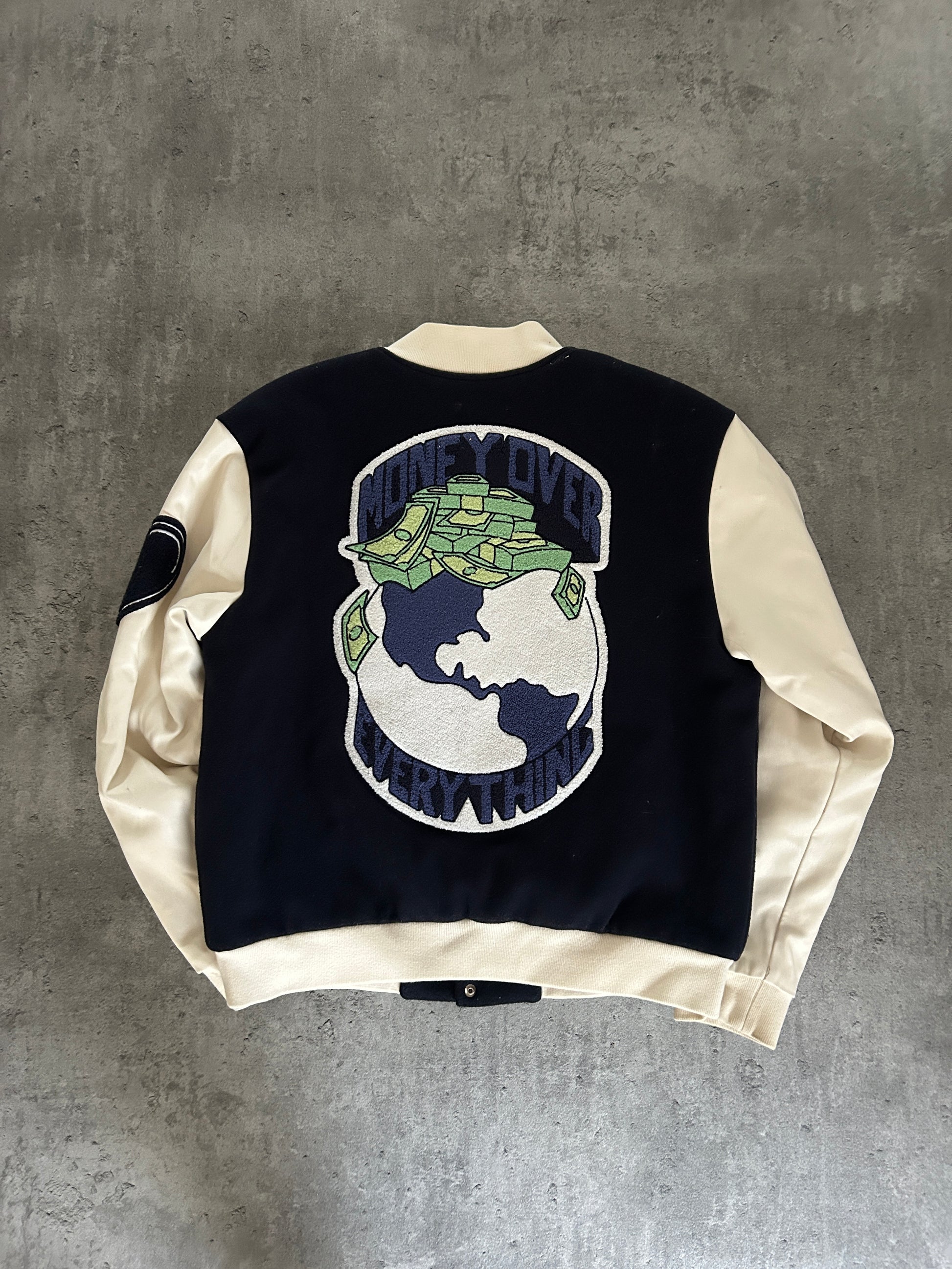 SAUNA “MONEY OVER EVERYTHING” VARSITY JACKET (S)