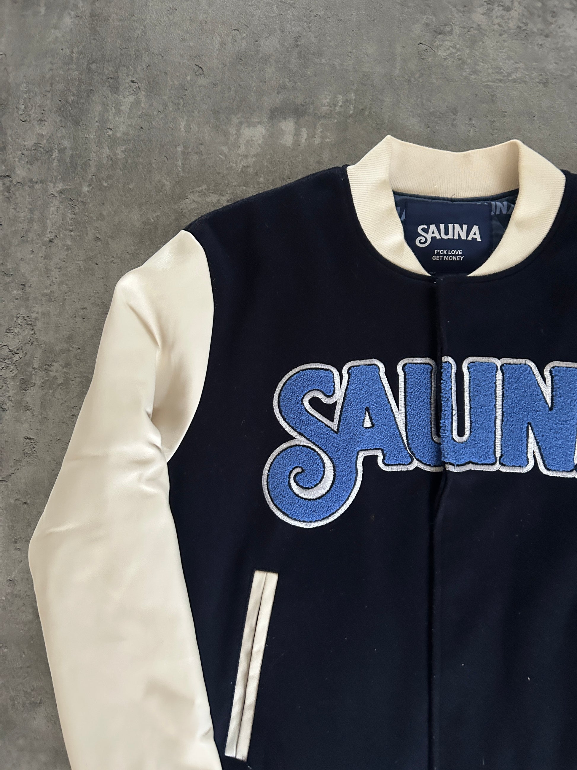 SAUNA “MONEY OVER EVERYTHING” VARSITY JACKET (S)