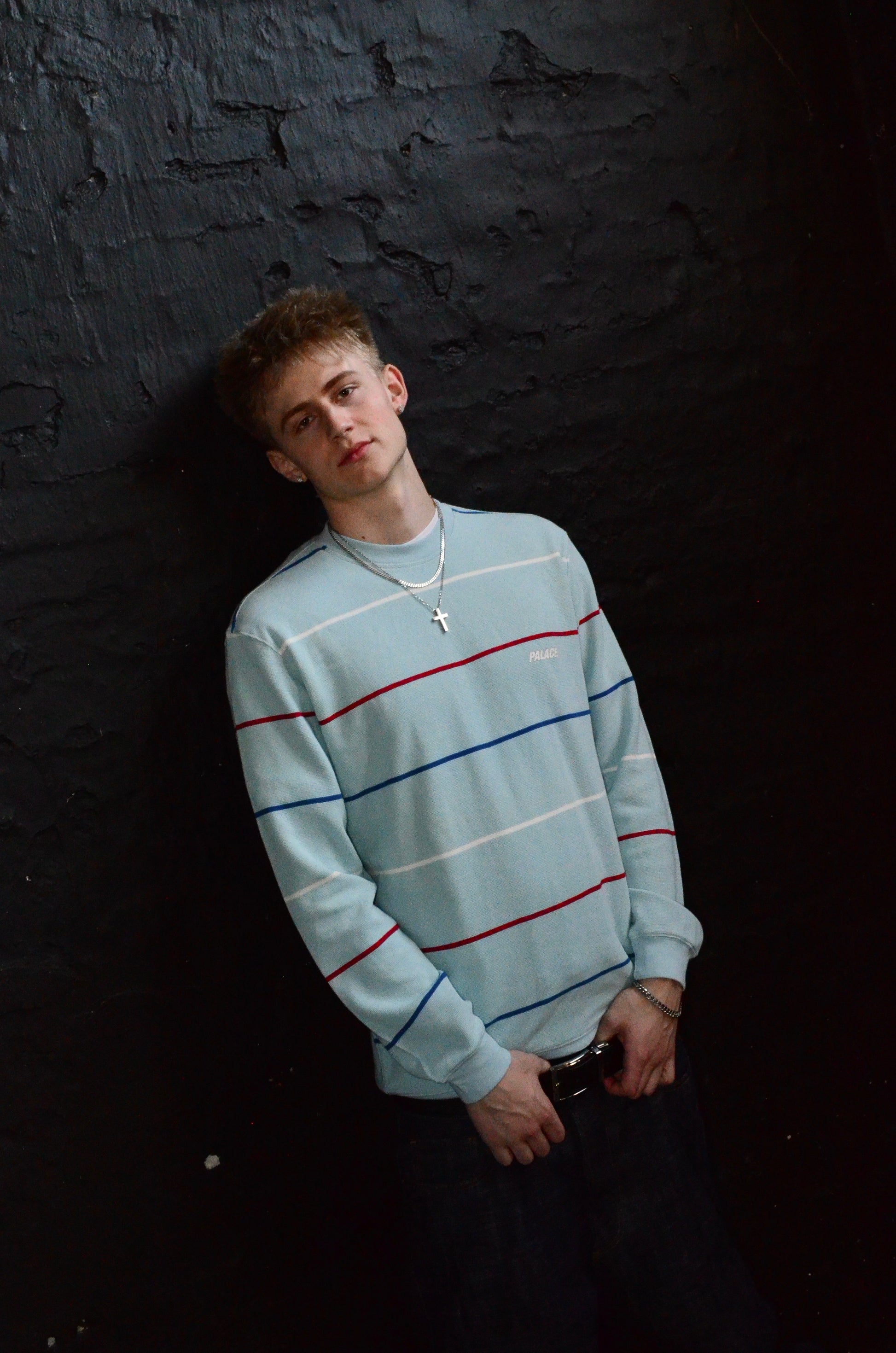 PALACE STRIPE WAFFLE CREWNECK (L)
