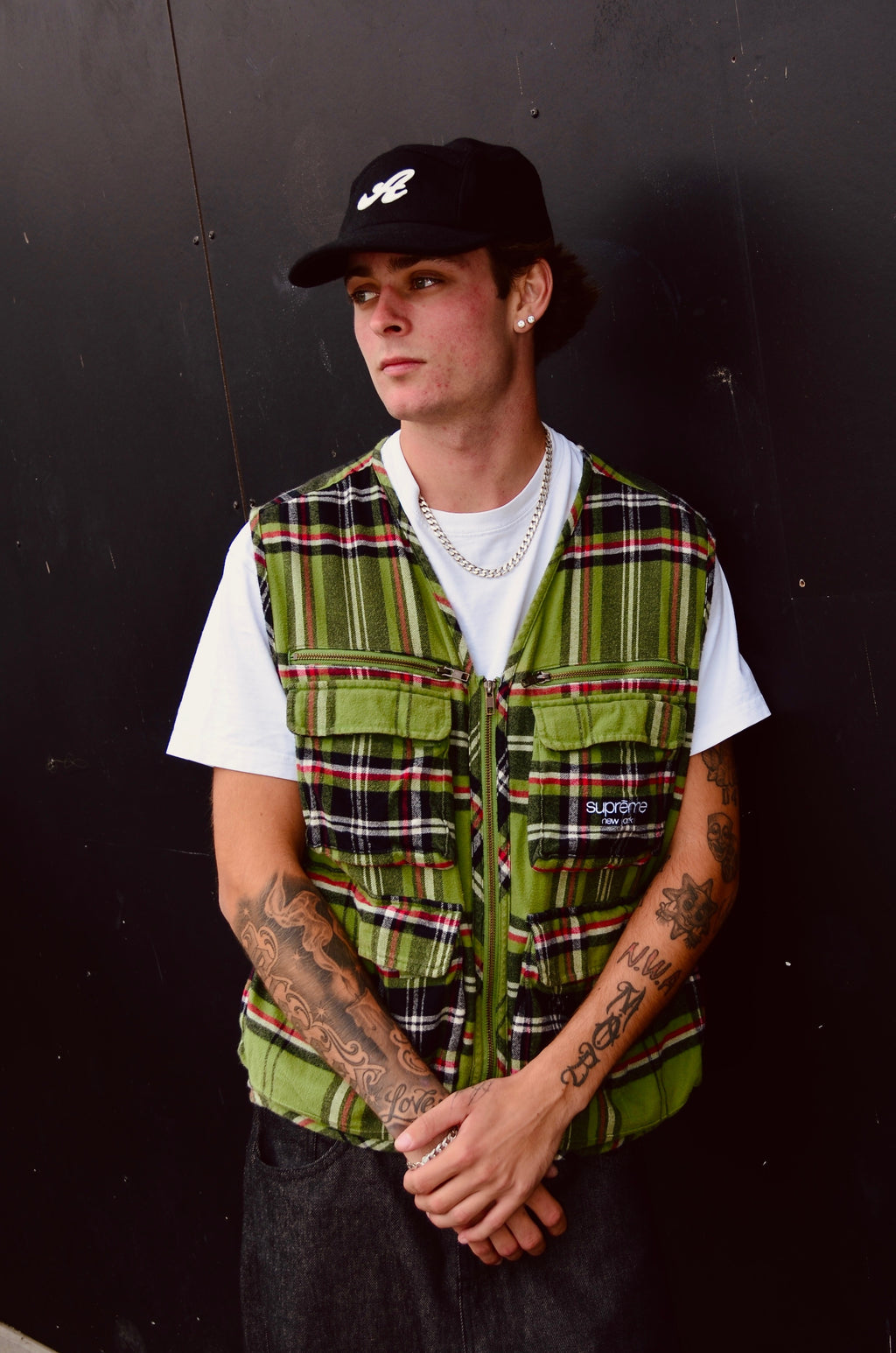 SUPREME TARTAN CHECK CARGO VEST (L)