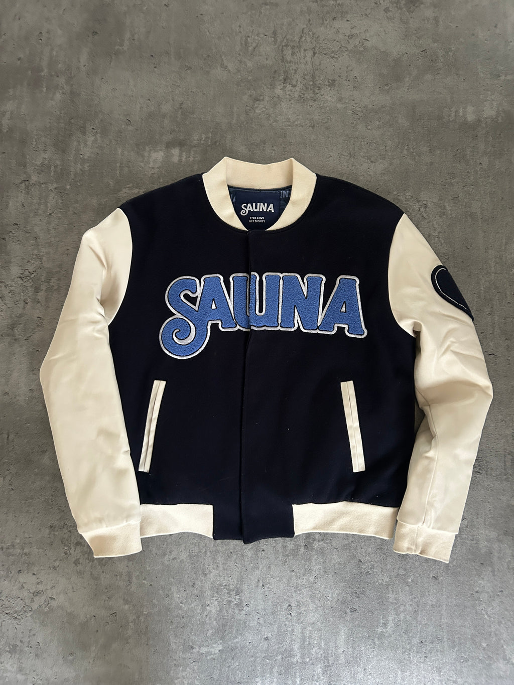 SAUNA “MONEY OVER EVERYTHING” VARSITY JACKET (S)