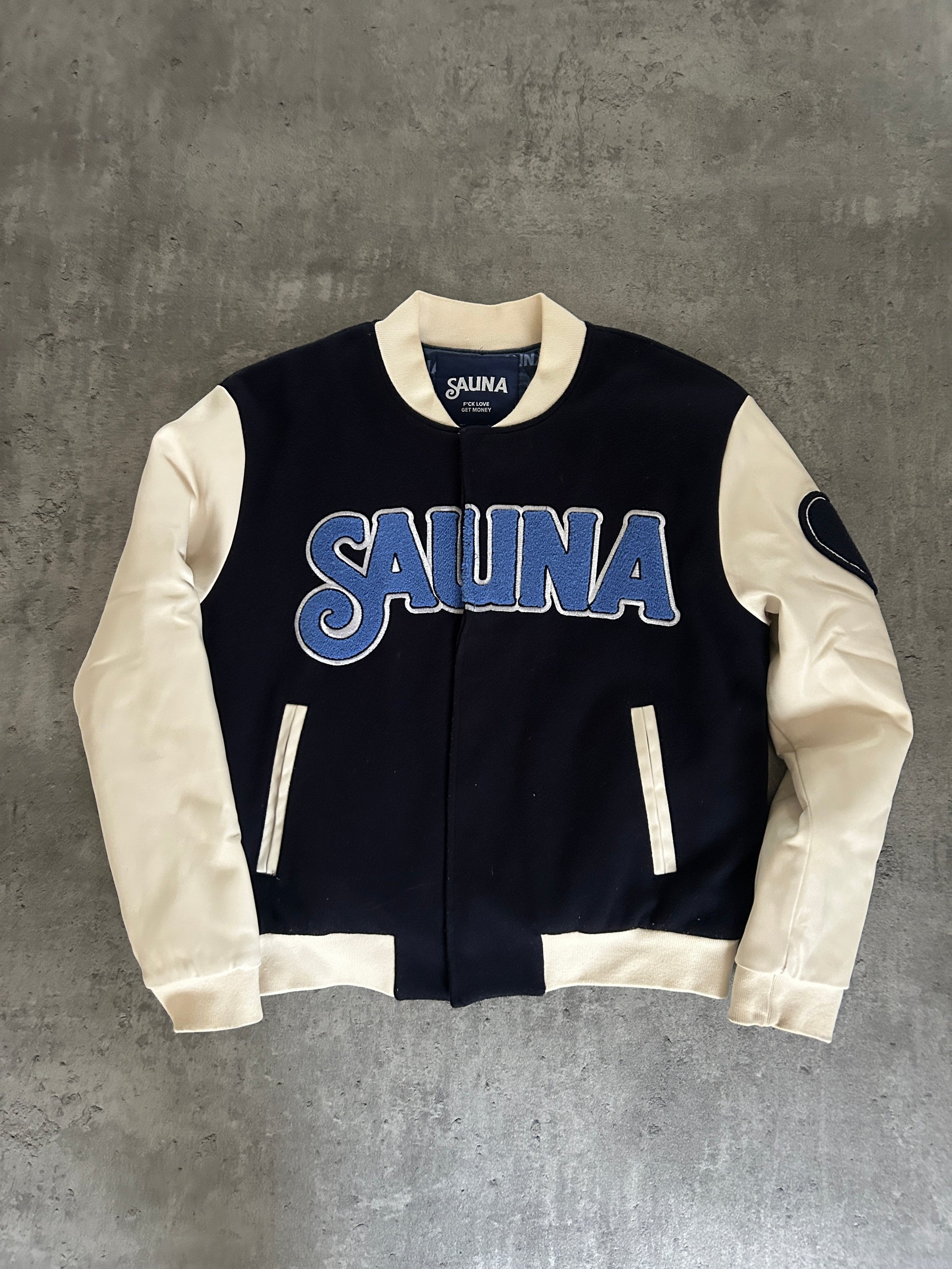 SAUNA “MONEY OVER EVERYTHING” VARSITY JACKET (S)