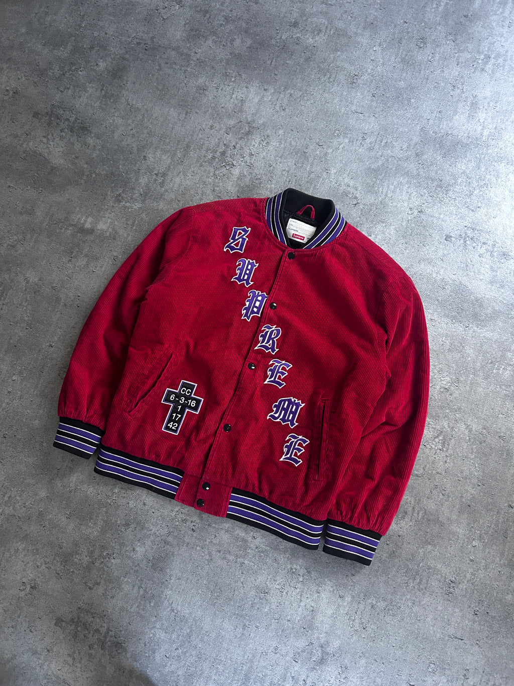 SUPREME OLD ENGLISH CORDUROY VARSITY JACKET (M)