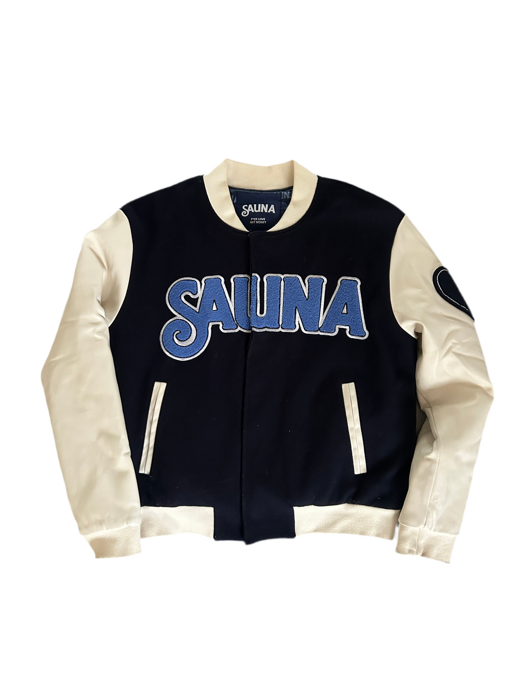 SAUNA “MONEY OVER EVERYTHING” VARSITY JACKET (S)